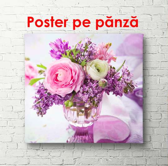 Постер, Фиолетовые цветы в вазе на столе, 100 x 100 см, Постер в раме