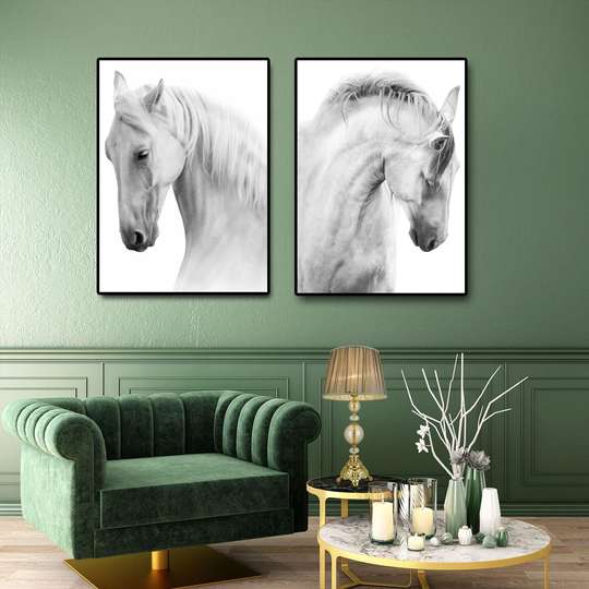 Постер - Белые лошади, 60 x 90 см, Постер на Стекле в раме, Наборы