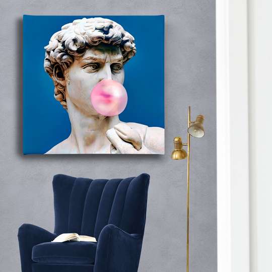 Poster - Statue of David blowing a balloon, 40 x 40 см, Canvas on frame