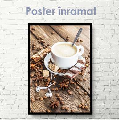 Постер - Наушники и кофе, 30 x 45 см, 30 x 60 см, Холст на подрамнике