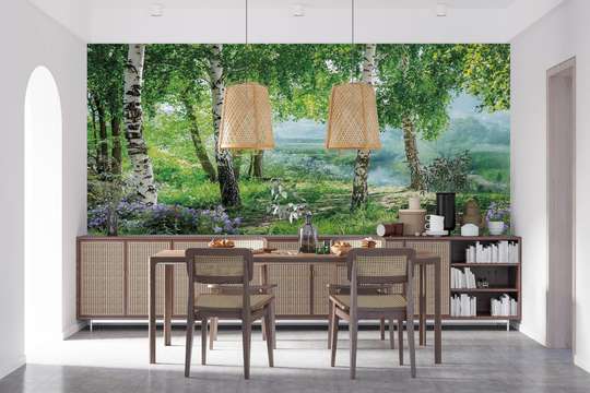 Wall Mural - Green birches in the forest by the pond
