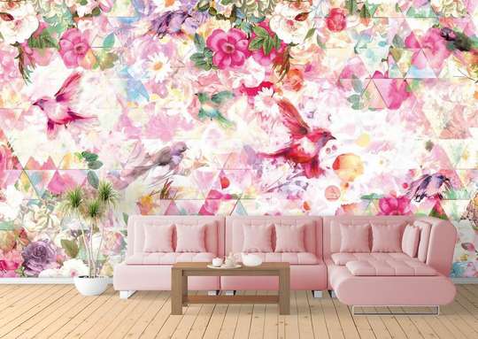 Wall Mural - Colorful flowers and small birds