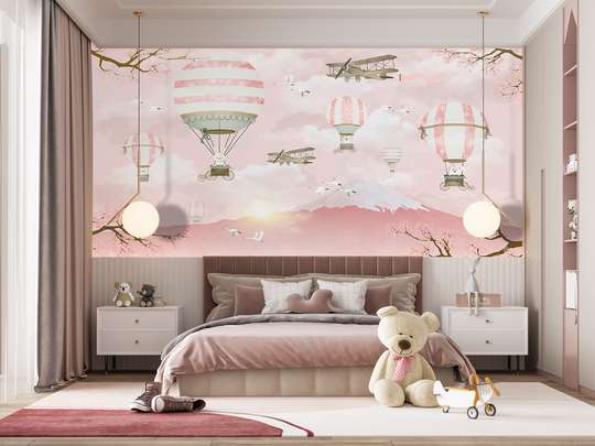Wall mural for the nursery - Bunnies in balloons