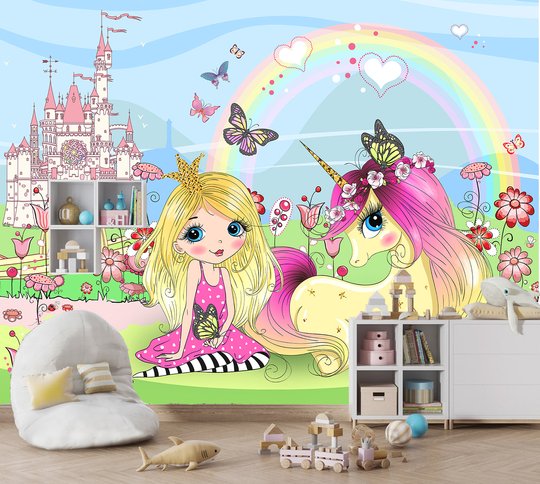 Tapet foto pentru copii, Prințesă drăguță cu unicorn în parcul magic