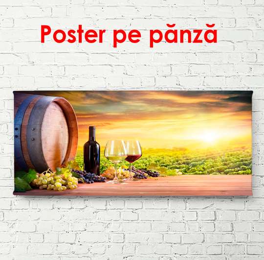 Постер - Бутылка вина на закате, 90 x 45 см, Постер в раме, Еда и Напитки