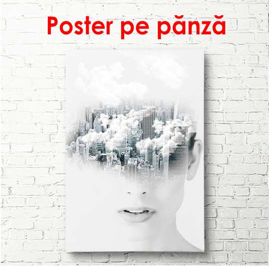 Poster - Girl in the clouds in the form of a city, 60 x 90 см, Framed poster, Glamour