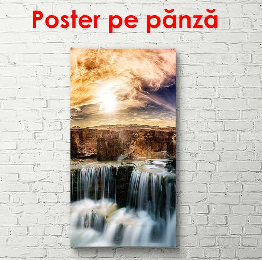 Постер - Красивый каскад на фоне заката, 50 x 150 см, Постер в раме, Природа