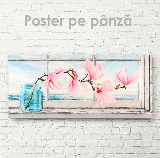Poster - Branch of pink magnolia in a vase, 60 x 30 см, Canvas on frame, Flowers