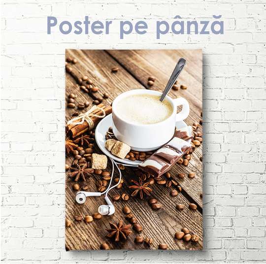 Постер - Наушники и кофе, 30 x 45 см, 30 x 60 см, Холст на подрамнике, Еда и Напитки