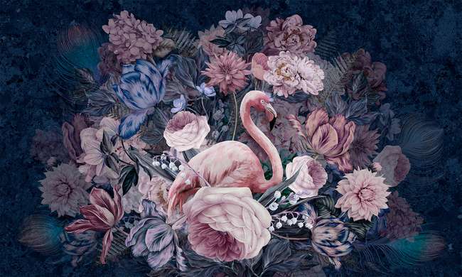 Fototapet - Flamingo și flori