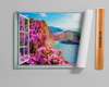 Наклейка на стену - 3D-окно с видом на море и розовые цветы, Имитация окна, 130 х 85