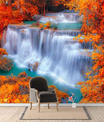 Фотообои - Удивительный водопад в красивом осеннем лесу