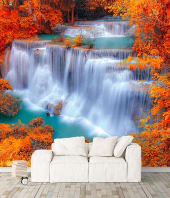Фотообои - Удивительный водопад в красивом осеннем лесу