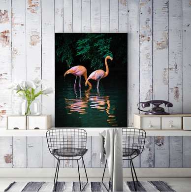 Poster, Flamingo în jungla întunecată, 30 x 45 см, Panza pe cadru