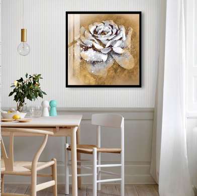 Постер - Белая роза на золотом фоне, 40 x 40 см, Холст на подрамнике
