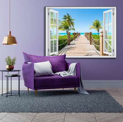 Stickere pentru pereți - Fereastra cu vedere spre un pod înconjurat de palmieri, 130 х 85