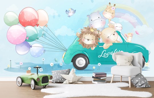 Tapet foto pentru copii, Animale drăguțe în mașină cu baloane