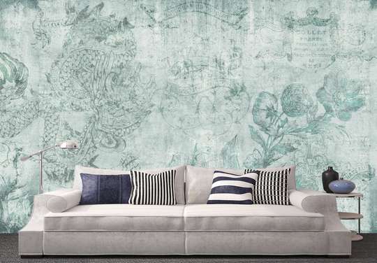 Wall Mural - Flowers on a blue background in grunge style