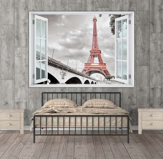 Stickere pentru pereți - Fereastra cu vedere spre Turnul Eiffel alb-negru, 130 х 85