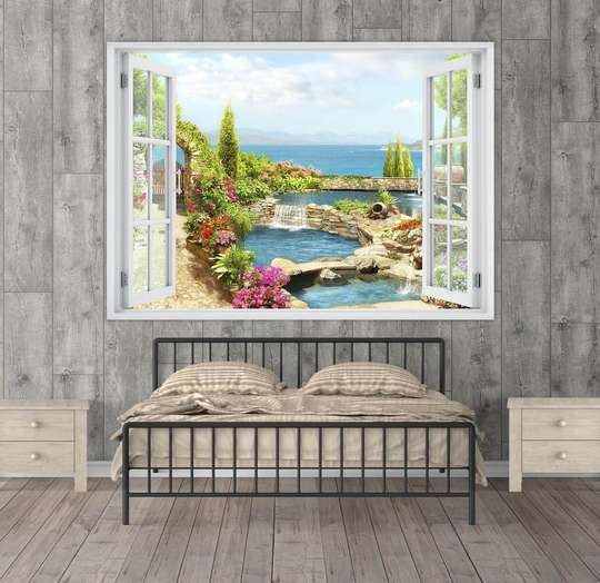 Наклейка на стену - Окно с видом на прекрасный сад, 130 х 85