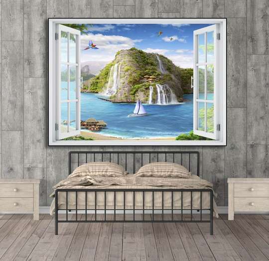 Наклейка на стену - Окно с видом на прекрасный водопад, 130 х 85