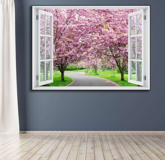 Наклейка на стену - Окно с видом на цветущий парк, 130 х 85