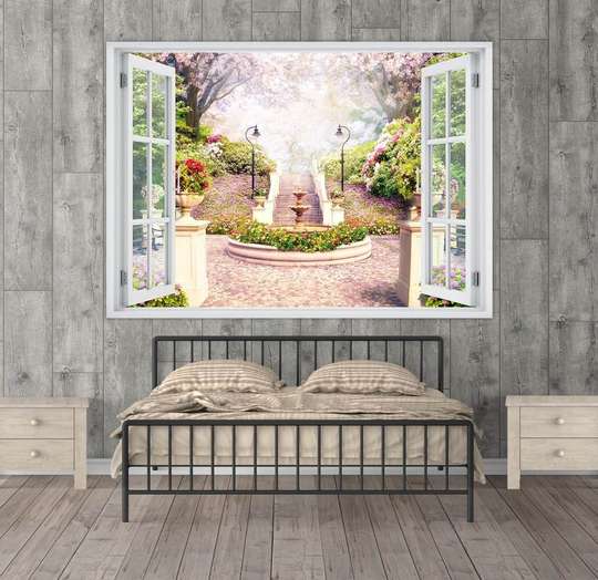 Wall Sticker - Window overlooking a blooming park with a well