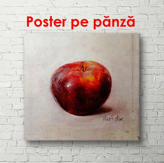 Постер - Красное яблоко на белом столе, 100 x 100 см, Постер в раме, Еда и Напитки