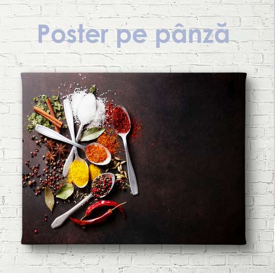 Poster - Bright spices on a black stone, 90 x 60 см, Framed poster on glass, Food and Drinks