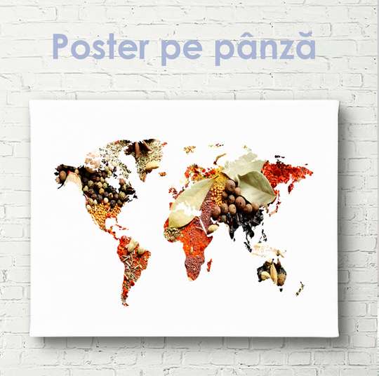 Постер - Карта мира из специи, 60 x 30 см, Холст на подрамнике, Еда и Напитки