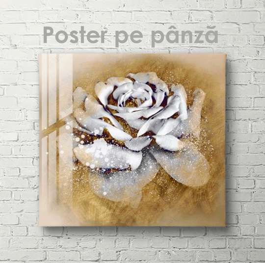 Постер - Белая роза на золотом фоне, 40 x 40 см, Холст на подрамнике, Цветы