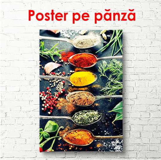 Poster - Bright spices and herbs in spoons, 30 x 45 см, Canvas on frame, Food and Drinks