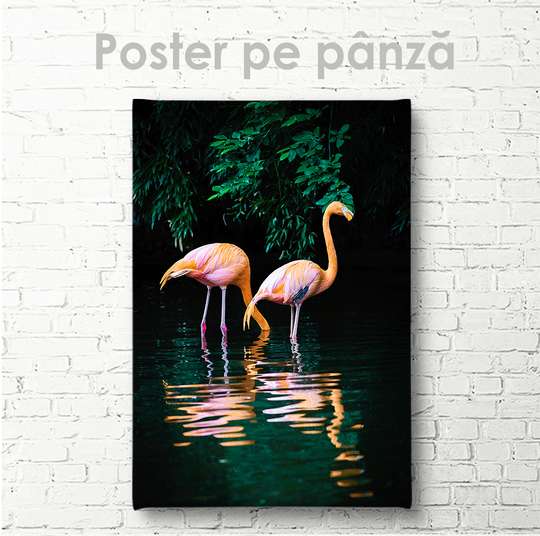 Постер, Фламинго в темных джунглях, 30 x 45 см, Холст на подрамнике