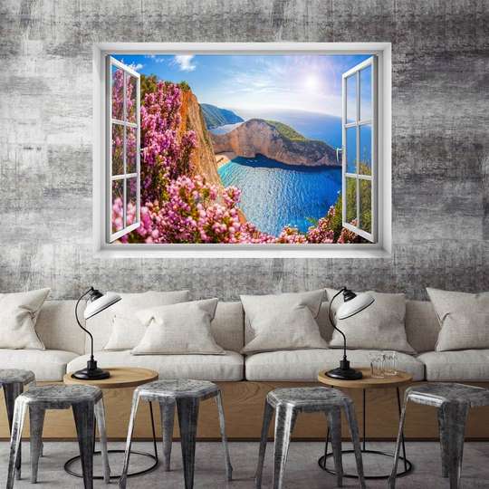 Наклейка на стену - 3D-окно с видом на море и розовые цветы, 130 х 85