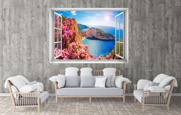 Stickere pentru pereți - Fereastra 3D cu vedere spre mare și flori roz, 130 х 85