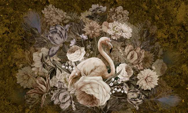 Fototapet - Flamingo și flori 1