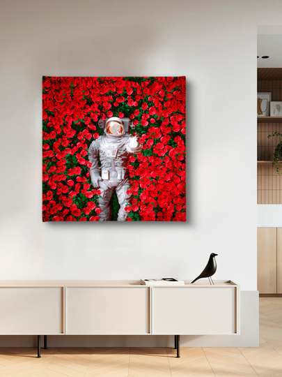 Poster - Cosmonaut în trandafiri roșii, 40 x 40 см, Panza pe cadru