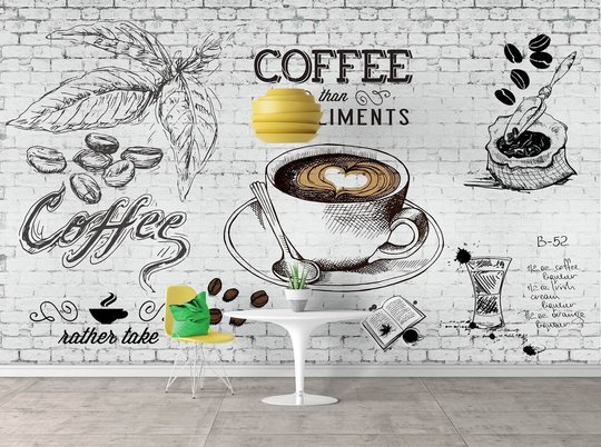Фотообои, Нарисованная чашка с кофе на белой кирпичной стене