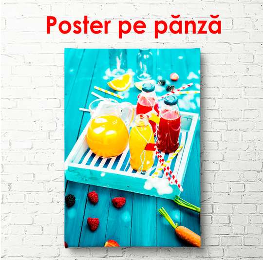 Poster - Orange juice on a blue table, 45 x 90 см, Framed poster, Food and Drinks
