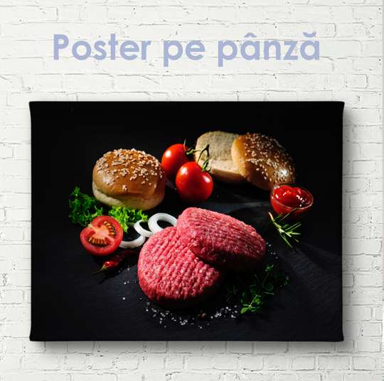 Постер - Набор для приготовления бургера, 90 x 60 см, Постер на Стекле в раме, Еда и Напитки