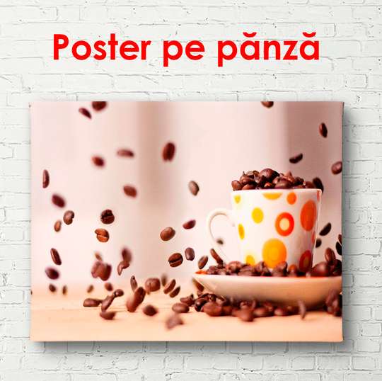 Poster - Cup of coffee with flying coffee beans, 90 x 60 см, Framed poster, Food and Drinks