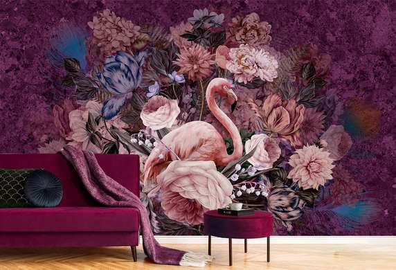 Fototapet - Flamingo și flori 2