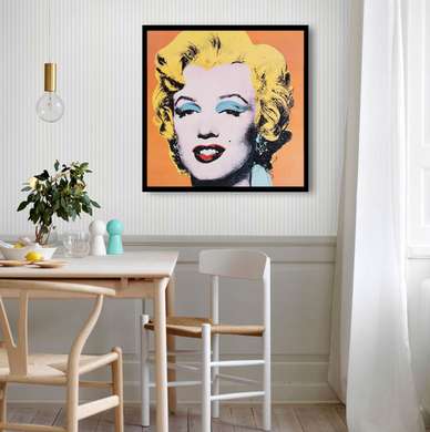Poster - Portretul pop art al lui Marilyn Monroe pe un fundalul galben, 100 x 100 см, Poster înrămat