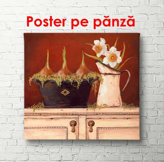 Постер - Белый комод с цветами на фоне коричневой стены, 100 x 100 см, Постер в раме, Прованс