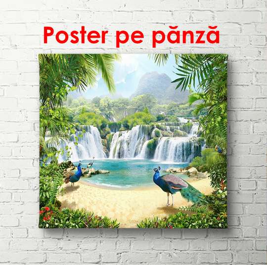 Постер - Зеленые пальмовые ветви на фоне водопада, 100 x 100 см, Постер в раме, Природа
