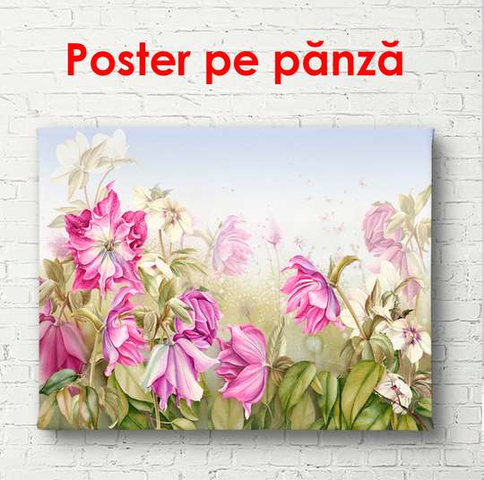 Poster - Flori roz pe un fundal verde, 90 x 60 см, Poster înrămat