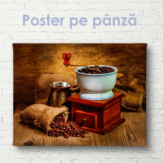 Постер - Шлифовальный станок и кофейные зерна, 90 x 60 см, Постер на Стекле в раме, Еда и Напитки