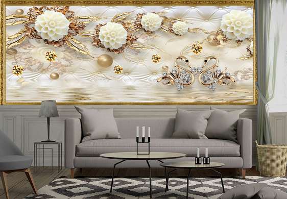 Wall Mural - Golden swans and white flowers in a golden frame
