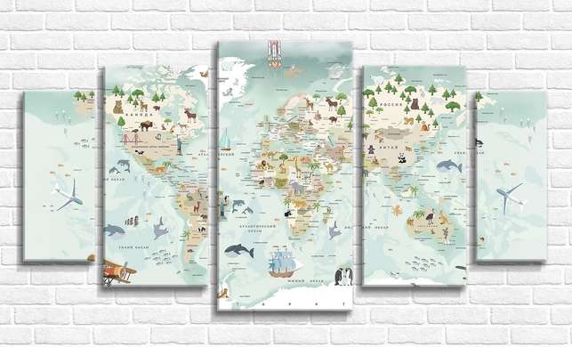 Tablou Pe Panza Multicanvas, Harta lumii pentru copii, 108 х 60