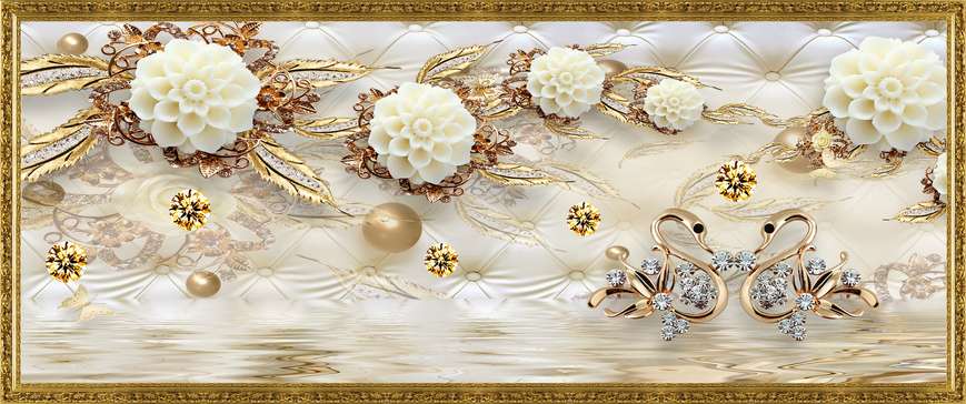 Fototapet - Lebede aurii și flori albe într-un cadru auriu